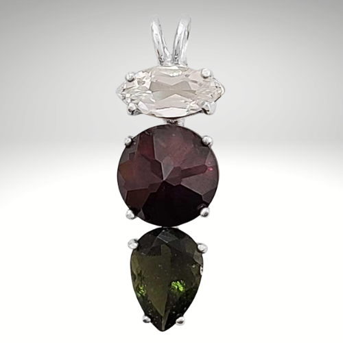 RHODOLITE GARNET MINI RADIANT HEART™ WITH MARQUIS CUT CLEAR QUARTZ & PEAR CUT MOLDAVITE MINI TRINITY